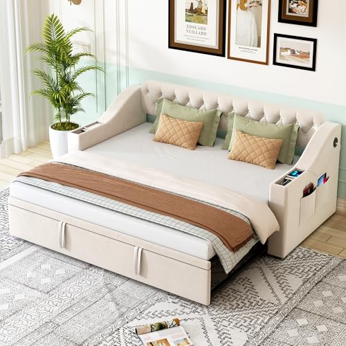 Lcoho Sofá cama tapizada, (90/180 x 190 cm, reposabrazos más anchos y gruesos con puerto de carga USB, estante integrado en los reposabrazos, con bolsillos de almacenamiento, con somier, tela