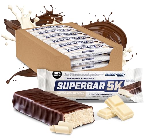 Energybody Superbar 5K Proteinriegel White Chocolate Cream 24x 50g / High Protein Riegel 38% Protein - 1,4g Zucker/Eiweißriegel zuckerarm für Low Carb Ernährung/Protein Bars