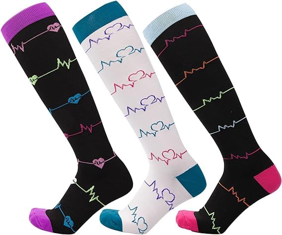 J COLOUR Meias de compressão para homens e mulheres 20-30 mmHg melhor para Médicos, Enfermagem, Academia, Treino, Corrida, Varizes, Viagens (3 pares - Conjunto de linhas para coração, G)