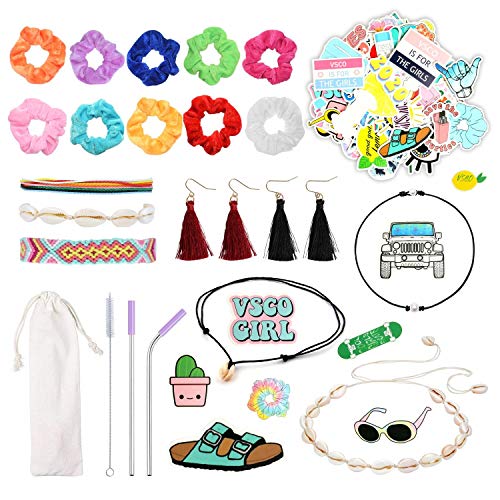 121 Pcs VSCO Stuff Set-VSCO Stickers, Velvet Hair Scrunchies, Shell Necklace Choker, Wave Rings, Nepal Woven Friendship Bracelets, Metal Straws with Brush and Storage Bag