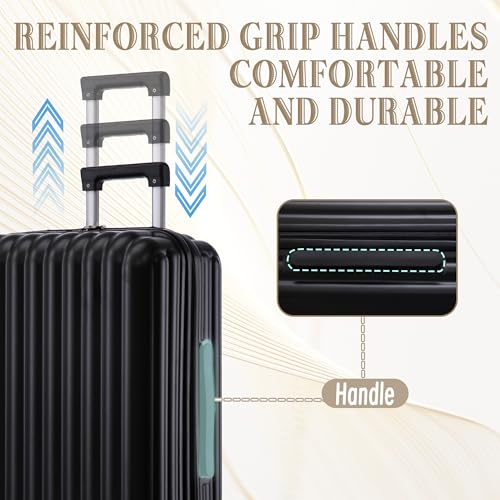 3-Piece Hardshell Carry On Luggage Set, ABS Spinner Suitcases With Wheels, 20/24/28 Inch, Black, Smart Features with USB Port & Cup Holder3