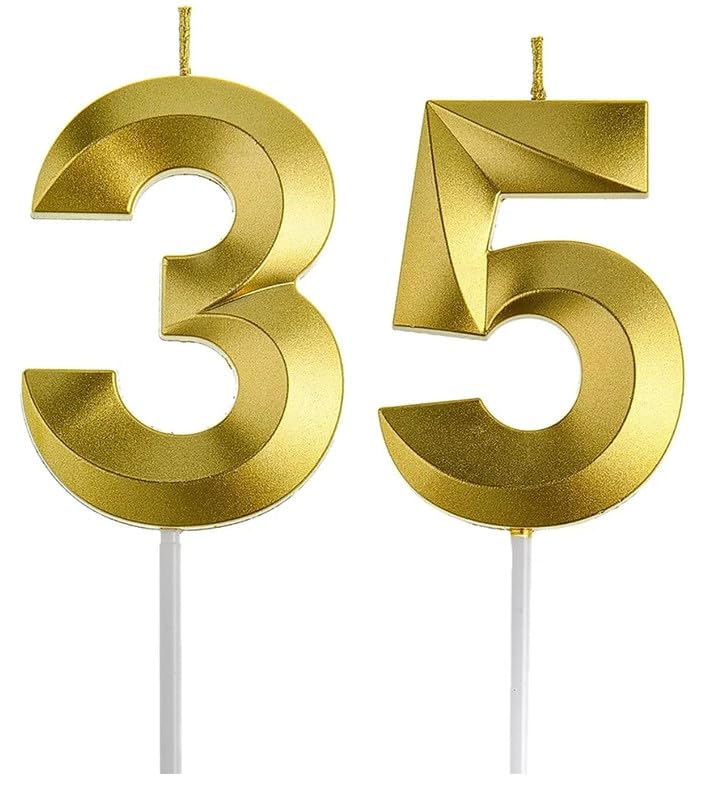 Image of Number 35 or 53 Wax Candle with Crown for Birthday, Wedding, Engagement, Valentines Day Celebration, Bachelorette Cake Topper for Decoration 2 Pcs, Gold, Unscented