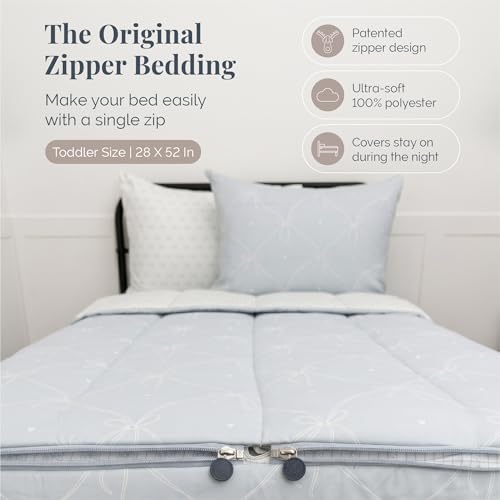 Image of Beddy's Ribbon & Bow Theme Durable Zipper Bedding for Kids - Bed in a Bag - White Striped Sheets with Baby Blue Comforter - Includes Pillowcase & Sham - Toddler