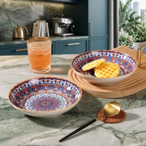 Image of Ceramic Serving Plate, Decorative Mandala Design Pasta & Salad Plates, Deep Dinner Plate for Snacks, Fruits, Soup & Serving, Blue Orange Patterned Kitchen Tableware (Mandala PATTERN, PACK OF 2)
