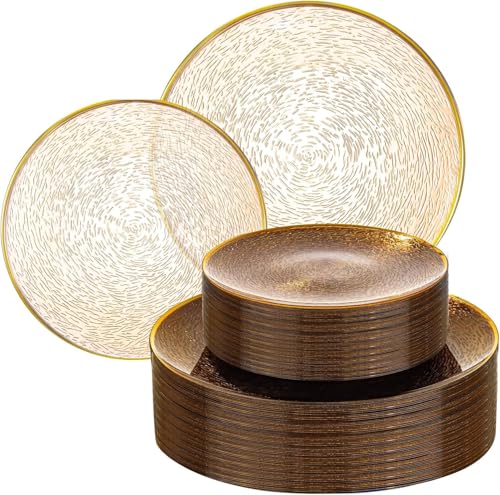 Liacere 60Pcs Brown Plastic Plates - Brown Disposable Plates With Gold Rim Heavy-duty Amber Plates Water ripples Party Plates Include 30 Dessert-Platos 30 Dinner-Platos for Party & Wedding & Summer
