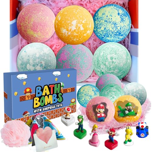 Bath Bombs for Kids with Surprise Inside: Supbec XXL Organic Bath Bombs Gift Set Rich in Natural Essential Oils, Mario Bath Bombs for Dry Skin Moisturize, Christmas Cards, Gift for Kids (6 Pcs, 5 OZ)