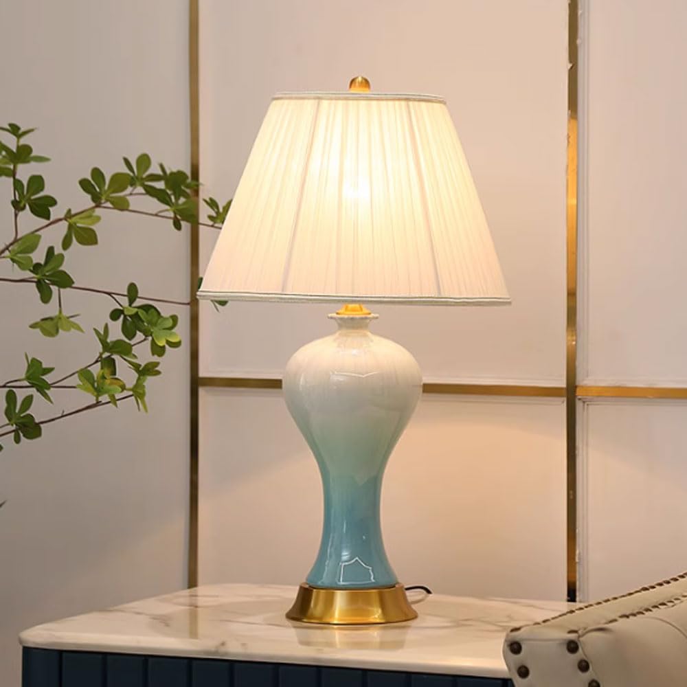 SGKOMN Farmhouse Table Lamps For Living Room, Gradient Green Ceramic Bedside Lamps With Fabric Shade, 22.8" Tall Bedroom Nightstand Lamp, Contemporary End Table Lamps