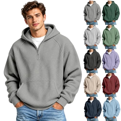 Mens Quarter Zip,Waffle Knit Long Sleeve Men Comfort Quarter Zip V Neck Sweatshirt 2026 Trendy Casual Loose Fit Golf Henley Hoodies,Grey,L - image 1