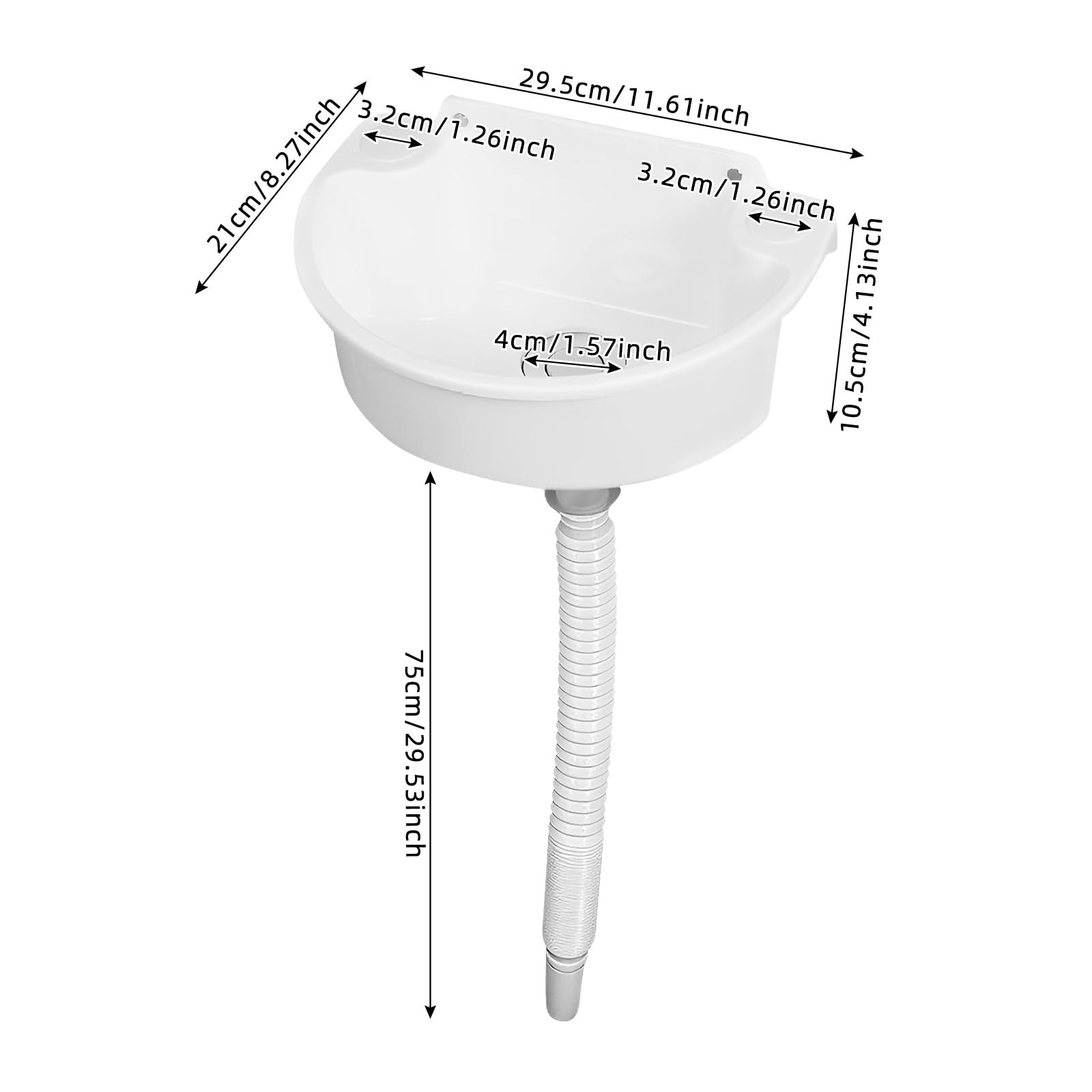 Lavabo in plastica, montaggio a parete, a semicerchio, bianco | Lavello per camper con tubo e tappo di scarico, per angoli della cucina, camper, 29,5 x 21 x 10,5 cm