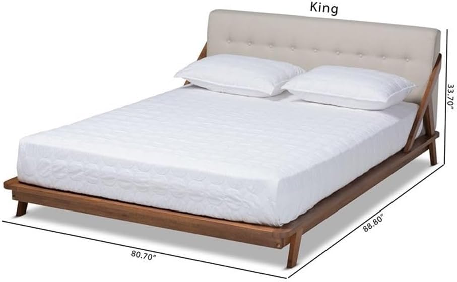 Allora Mid-Century Modern Wood King Size Platform Bed, Light Beige Finish, Upholstered Button Tufted Headboard, Walnut Brown Frame, Slatted Design, No Box Spring Needed, Bedroom Furniture