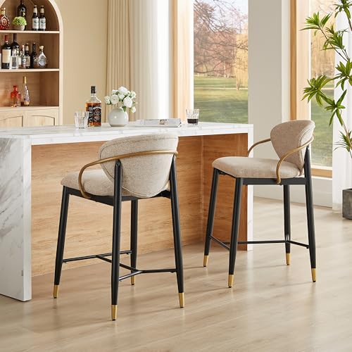 Butacos Christopher Knight Home Bardia de 26'', Juego de 2, Asiento Tapizado, Sillas de Bar Metálicas para Isla de Cocina, con Espaldar Curvado, Sillas de Hierro y Patas Afiladas, Marrón Claro miniatura 1