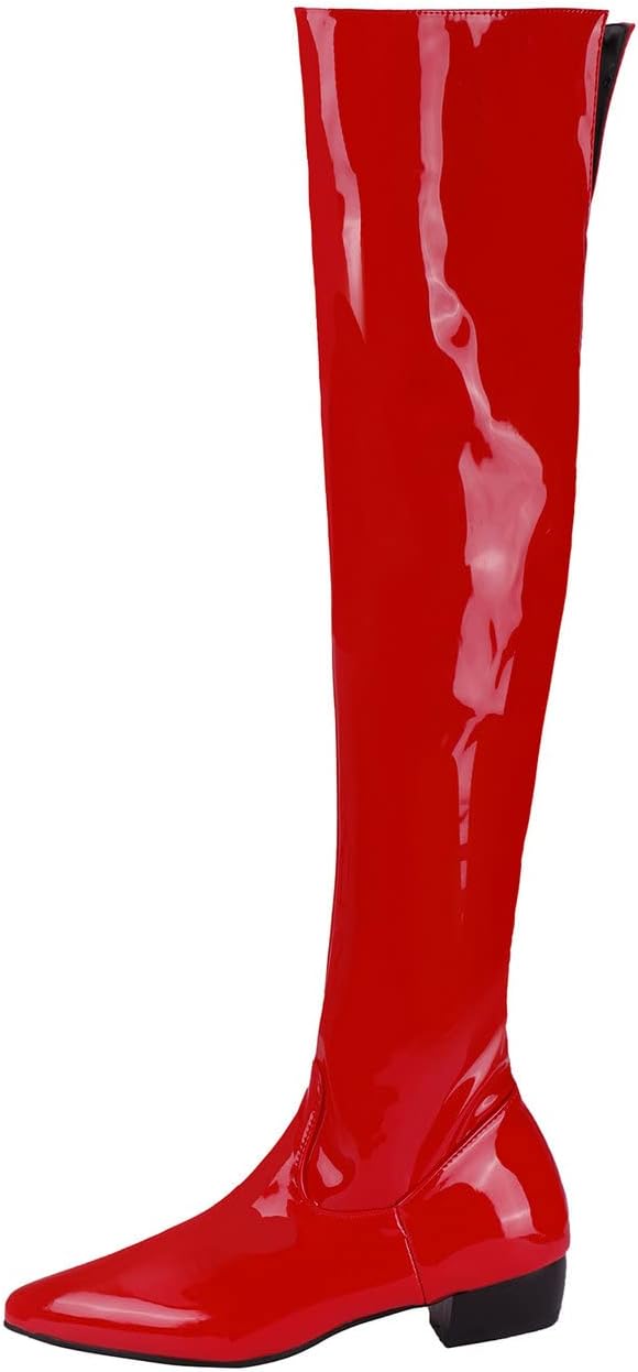 UniqueStride Womens Flat Thigh High Chunky Heels Boots Pointed Toe Side Zipper Patent Over The Knee Boots
