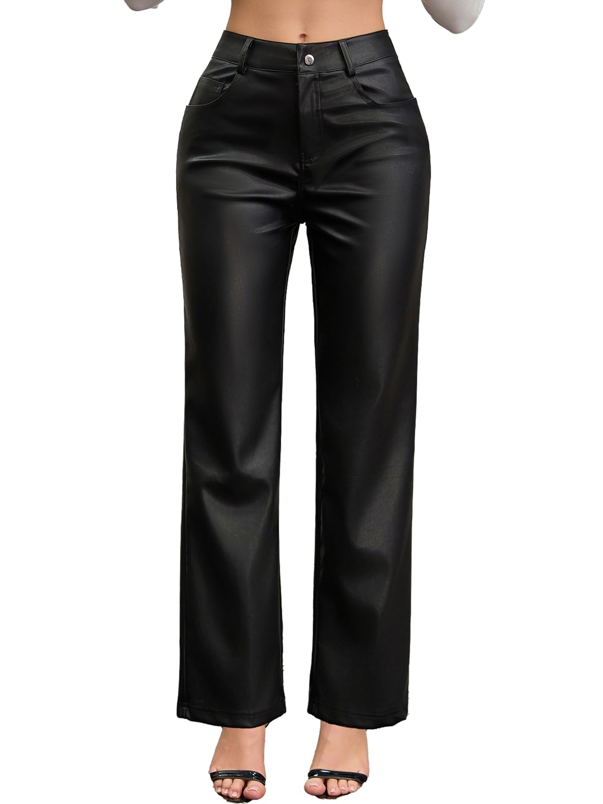 Womens High Waist Faux Leather Pants PU Straight Leg Wide Leg Trousers with Pockets Black M
