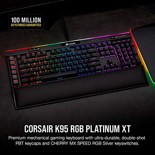 Corsair K95 Platinum XT RGB Mechanical Gaming Keyboard (Cherry MX RGB Speed Keys: Linear and Rapid, Per Key Multi-Colour RGB Backlighting, Detachable Plush Palm Rest, QWERTY UK Layout) - Black