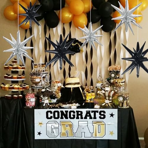 Image of TONIFUL 8 Pcs Explosion Star Balloons Black and Silver Foil Party Decor | 2 Size Mylar Star Balloon for New Year Party Decoration Graduation Mens Birthday Wedding Baby Shower Photo Booth Supplies