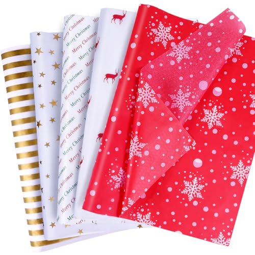 MAMUNU 100 Blatt Seidenpapier für Geschenktüten, Rot Seidenpapier Geschenkpapier Bulk, 5 verschiedene Designs Transparentpapier Bastelpapier für Weihnachten, Geburtstag, Hochzeit, Party, 50 x 35 cm