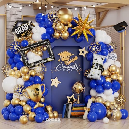 Image of 135Pcs Royal Blue Gold White Graduation Balloon Garland Arch Kit,with Explosion Star,Diploma,Trophy,Grad Hat,Photo Frame Foil Balloon for Class of 2026 Graduates Celebration Party Decoration