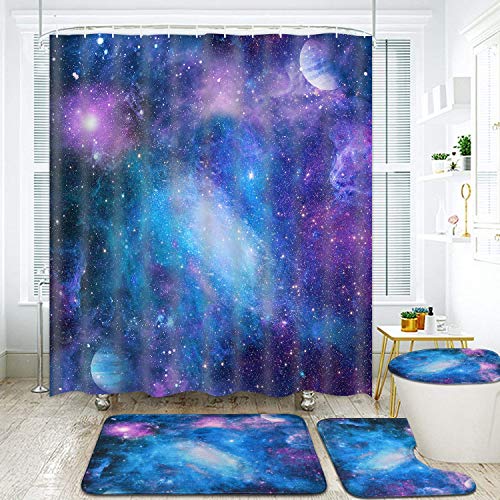 Tamoc 4 Pcs Purple Galaxy Shower Curtain Set With Non-Slip Rug, Toilet Lid Cover And Bath Mat, Starry Space Shower Curtain With 12 Hooks, Nebula Universe Bathroom Curtain, Waterproof, Durable #TOP1