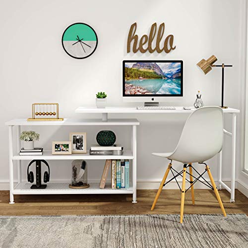 Tribesigns Modern L-Shaped Desk With Storage Shelves, 360°Rotating Desk Corner Computer Desk Study Writing Table Workstation With Open Shelves For Home Office, High Glossy Finish (White) #TOP3