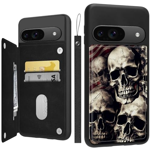 ACWDMKH for Google Pixel 9 Case Wallet with Card Holder&Wrist Strap,for Pixel 9 Case for Women Flip Leather Kickstand Card Slots Case,Double Magnetic Clasp Case Cover for Pixel 9,Skulls America Flag