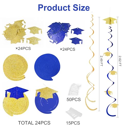 Image of 24Pcs Royal Blue Gold Graduation Grad Cap Hanging Felt Swirl Streamer Spiral Ceiling Garland for Class of 2026 Congrats Grad You Did It We are So Proud of You I'm Done Themed Party Decoration Supplies