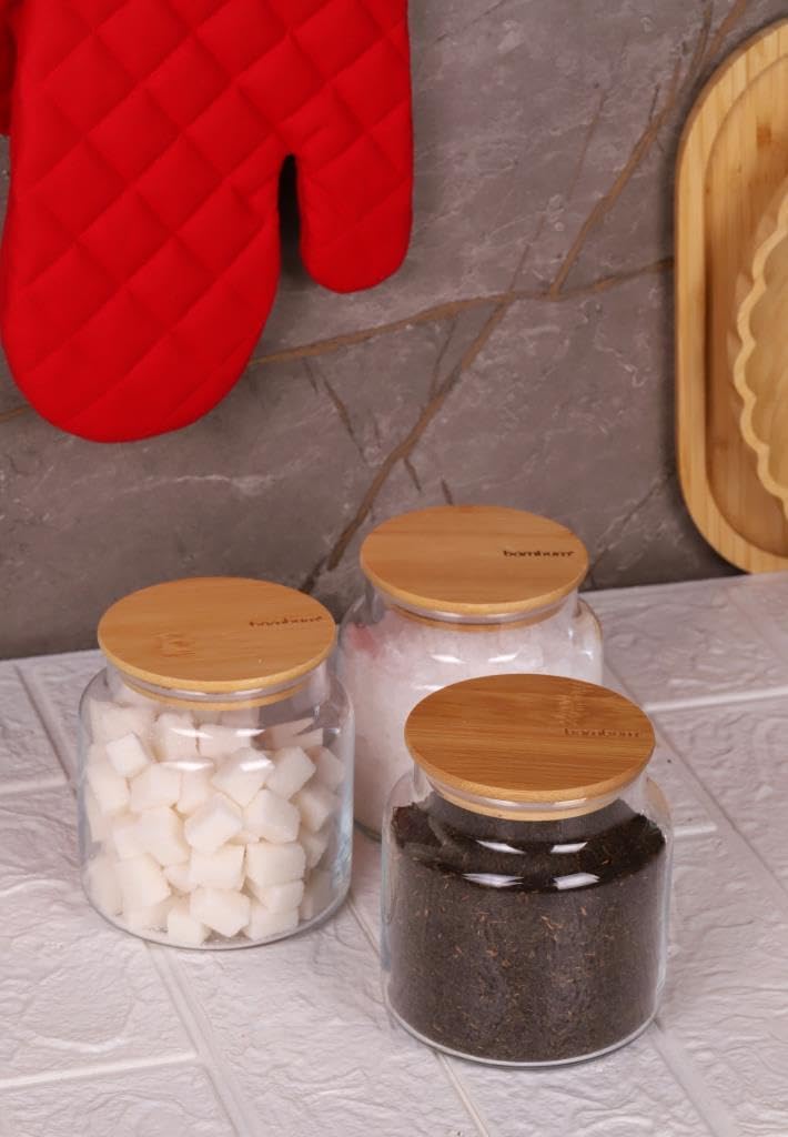 Zone - 3'lü Cam Saklama Kabı 600ml Vakumlu Bambu Kapaklı