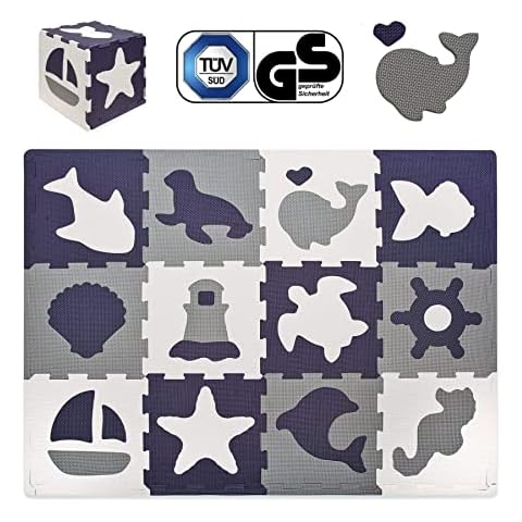Foam Play Mat for Babies & Children | 12 EVA Foam Floor Tiles with Ocean Creatures in a Storage Bag | +20% Thicker & Softer Puzzle Mat for Crawling & Learning | 100% Safe, Non-toxic, Odorless Cover