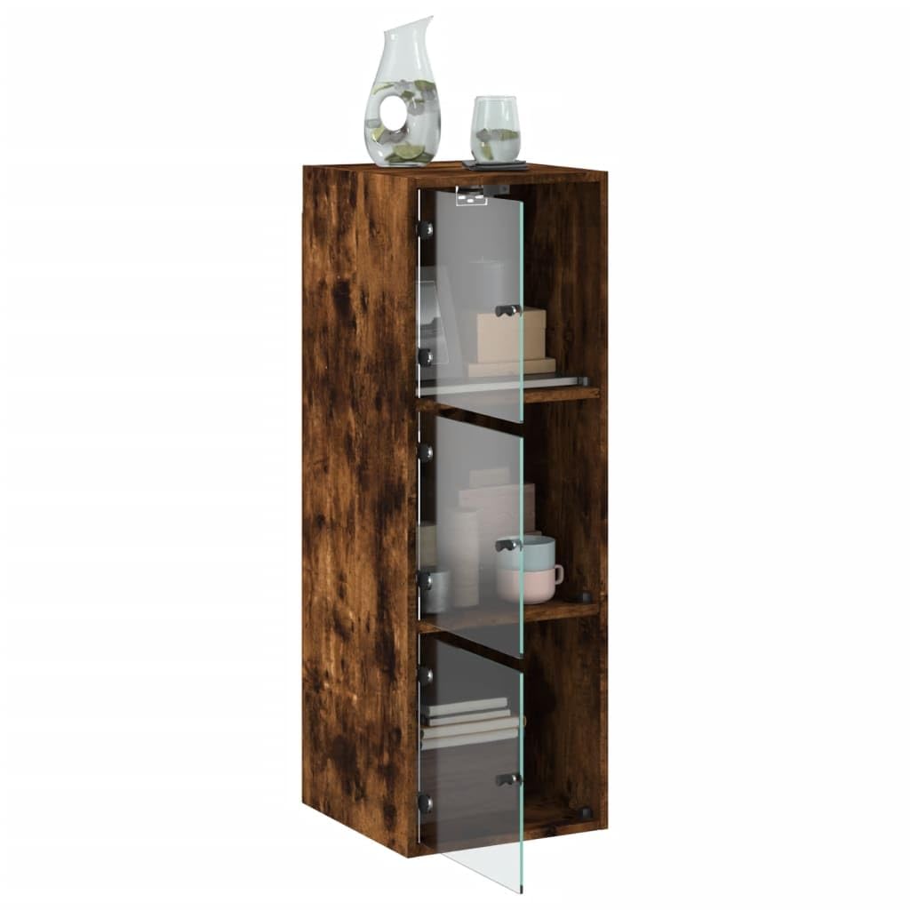Wandschrank mit Glastüren Räuchereiche 35x37x100 cm Holzwerkstoff Aufbewahrungsschrank für Büro Flur Garage mit Stauraum und Regalfach für Ordnung und Organisation