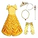 MSemis Disfraz Bella y Bestia para Niñas Vestido Largo Princesa Amarillo Traje Lujoso Cosplay Princesa Durmiente con Accesorios Disfraces Navidad Cumpleaños Fiesta 5Pcs Amarillo 8-10 años