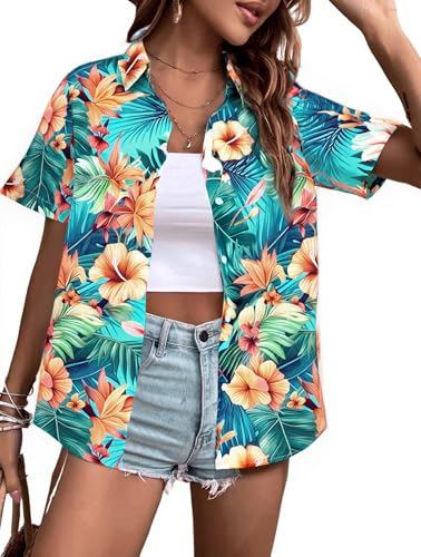 Image of ASTANFY Hawaiian Shirt Women Hawaii T-Shirt Tropical Floral Printed V Neck Shirts Soft Cool Summer Beach Button Up Blouse