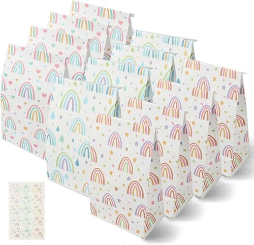 Nukssi 24pcs Rainbow Gift Bags With Stickers Cute Paper Gift Bags Small Size 8.7x5.1x3.1 Party Favors Bags Bulk Mini Tiny Goody Bag for Wedding Rainbow Kids Girl Birthday