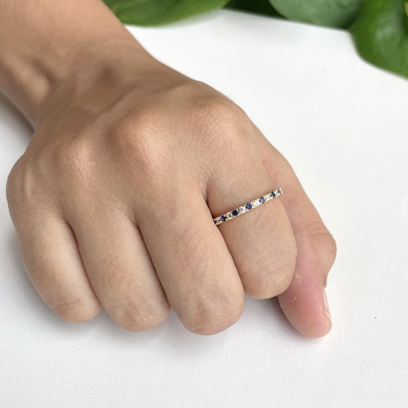 2 mm Wide Blue Sapphire & White Diamond Full Eternity Ring For Women, 14k Gold Finish Blue Sapphire Anniversary Wedding Band, Ladies Alternate Diamond Ring