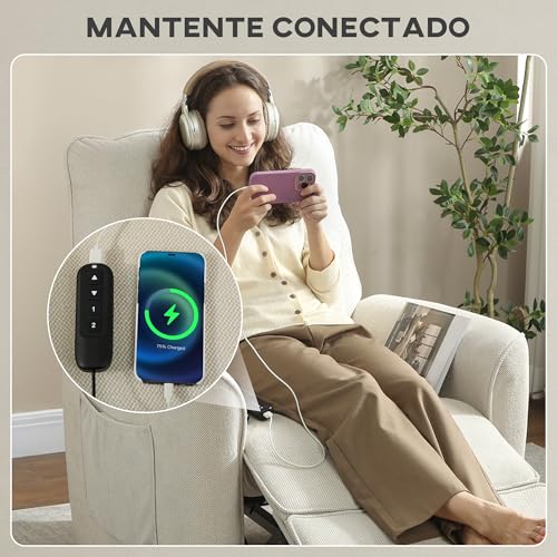 HOMCOM Sillón Relax Reclinable Eléctrico, con Calor Lumbar y Masaje Vibración, Sillón Masaje Relax, Motor Silencioso, Función de Memoria, Bolsillos Laterales, Almohada, Control Remoto con USB, Crema - imagen 9