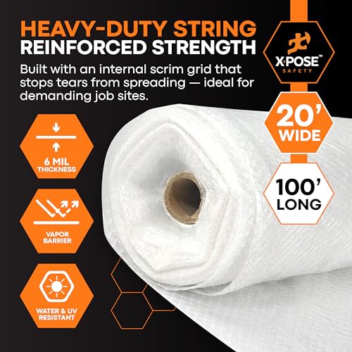 Image of Xpose Safety 6 Mil White String Reinforced Poly Sheeting - Bulk Full Pallet 35 Packs - 20' x 100' Fire Retardant Roll - UV Resistant, Waterproof - Perfect for Construction, Painting, Cleanup