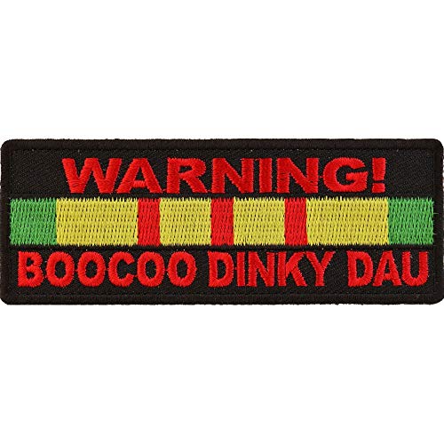 Warning Boocoo Dinky Dau Vietnam Vet Patch - 4x1.5 inch. Embroidered Iron on Patch