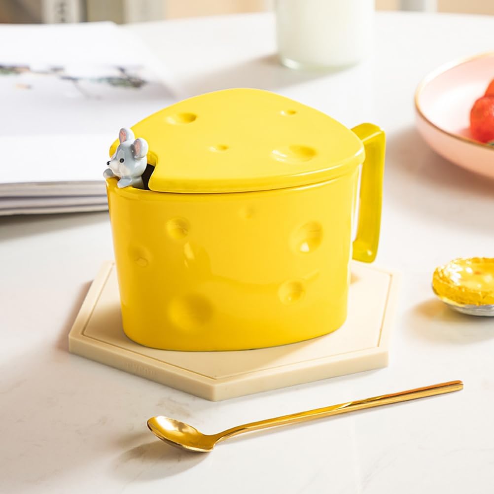 Luxshiny Ceramic Cheese Coffee Mug Espresso Cup with Spoon, Cute Cheese Shaped Cup with Non-Slip Handle for Tea Water Coffee, 5.9 x 3.54 x 3.34 Inch