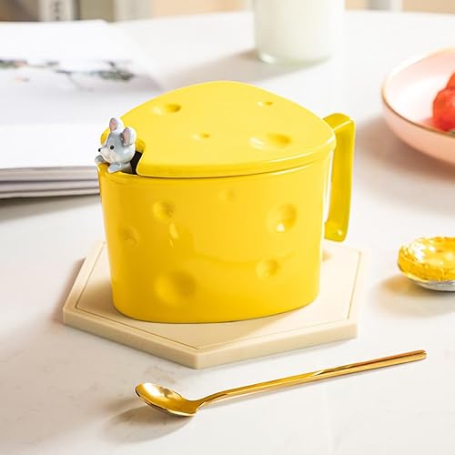 Miniatura 4 de Luxshiny Tazas de café expreso, taza de café con queso, taza de cerámica con forma de queso, taza con cuchara para té, agua, café, espresso,