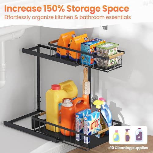 Image of Under Sink Organizer and Storage for Bathroom and Kitchen - 2 Pack 2 Tier | Cabinet Pull Out Shelf Organizers - Slide Out Drawer Organization for Home Cabinets Shelves and Drawers