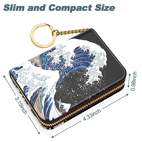 Image of Nipichsha Credit Card Holder, Small RFID Card Wallet for Women, Slim Leather Card Holder Wallet, Japanese Wave, 4.33 x 3.15 x 0.98 inches, Fashions