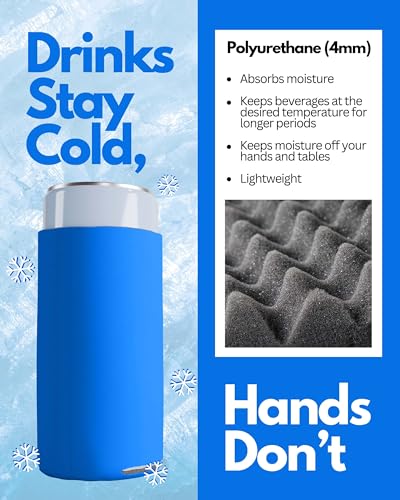 Image of PartyPrints 25 Pack Cerulean Blank Slim Can Cooler Sleeves | Plain Seltzer Customizable Bulk Coolers for Beer Bottles & 12oz Tall Cans | Skinny Collapsible Drink Insulated Sleeve