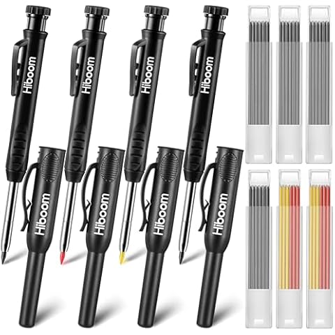 Hiboom 4 Pack Carpenter Pencils Set with 24 Refills, 2.8 mm Mechanical Carpenter Pencil Built in Sharpener Woodworking Marking Tool Solid Long Nosed Deep Hole Construction Pencil (Black) Cover