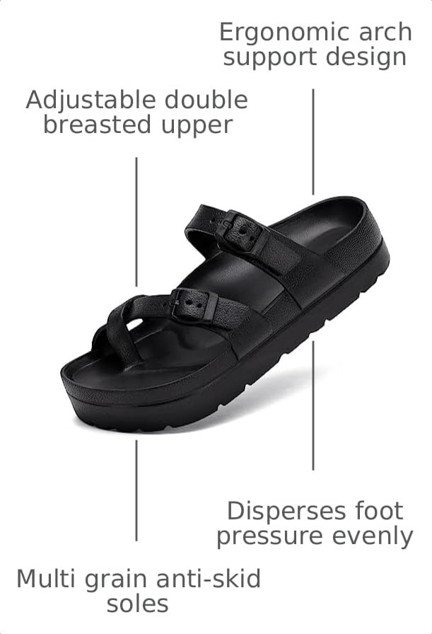 Image of TIKVAW Womens Arch Support Platform Sandals Comfort Slides Thick Soles Flat Sandals With Adjustable Buckle & Ultra Cushion
