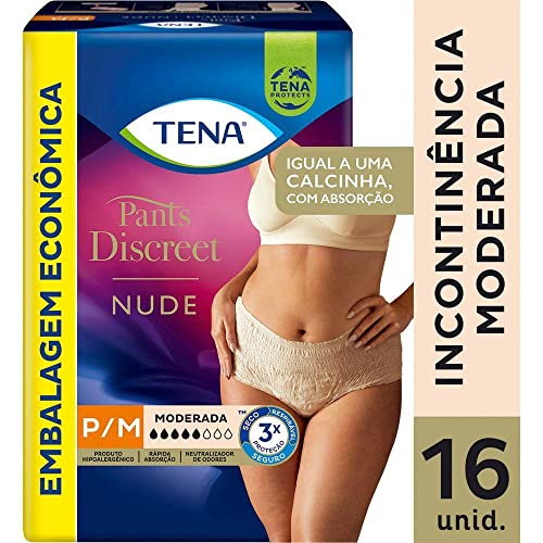 Tena Pants Discreet, Calcinha Descartável para Incontinência Urinária, Nude, P/M - 16 unidades