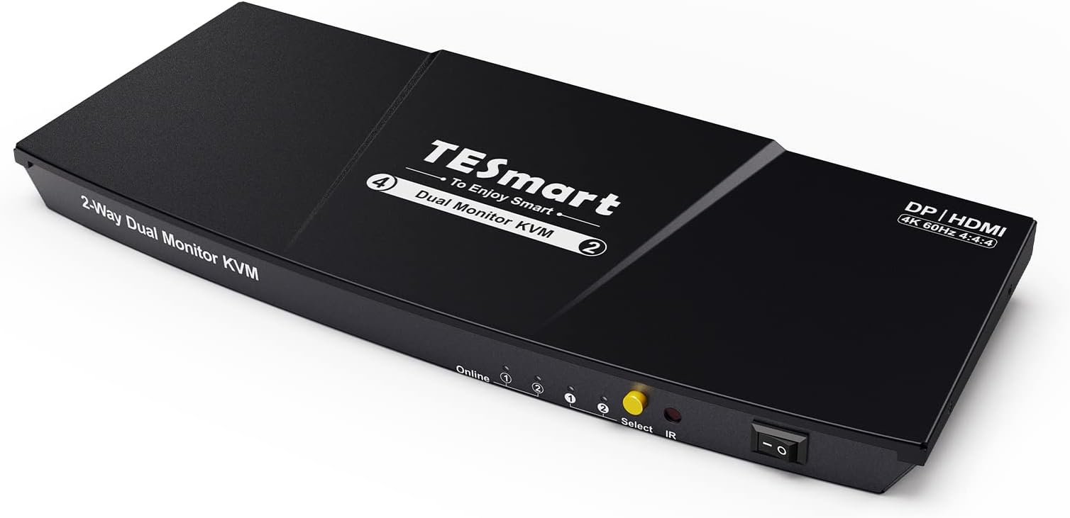 DisplayPort and HDMI KVM Switch 2 Monitors 2 Computers, TESmart 4 Port Dual Monitor KVM Switcher, 4K@60Hz, L/R Out, Keyboard Mouse PC Selector Box with All Input Cables (Black