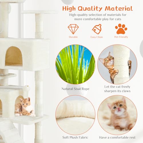 Image of Sweetcrispy 54 Inch Cats Tree Tower, Multi-Level with Scratching Post, Indoor Cat Tree Condo with Climbing Ladder, Plush Toy, Play House for Kittens, Beige