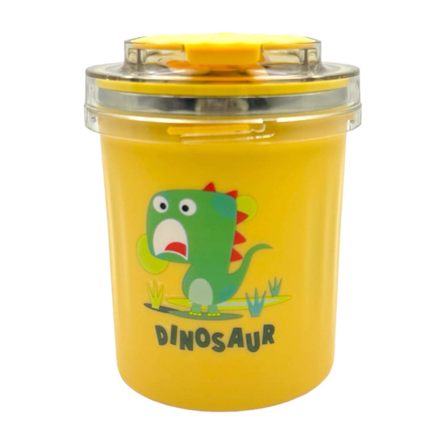 AMUSH Stainless Steel Mug with Lid Straw & Spoon, Soup, 530 ml Coffee and Milk Drinking Cup, Insulated Vacuum Cup, Birthday Return Gifts for Boys | Girls (Pack of 1) (Dinosaur Yellow)