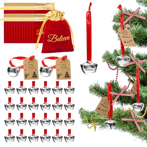 24 Sets Christmas Believe Bells Polar Express Bells Christmas Bells for Decoration Bulk with Red Gold Trimmed Velvet Bags Tags Gifts for Kids & Adult