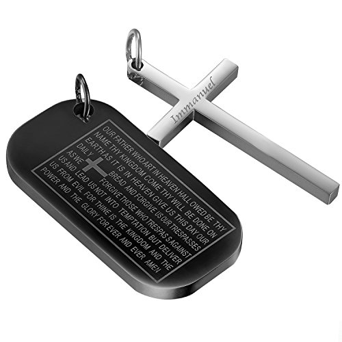 OIDEA Two-Pieces Mens Prayer Religious Bible Lords Dogt Tag, Cross Pendant Necklace,Black