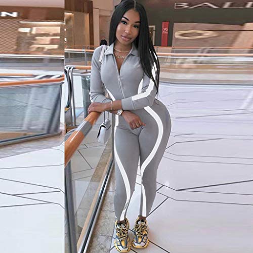 iYBUIA Women Yoga Fitness Motion Workout Reflective Patchwork Long Sleeve Tight Jumpsuit Zipper Slim S-L Gray - Thumbnail 4