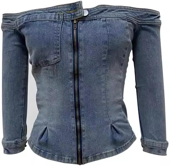 Mandonce Denim Tops for Women One Shoulder Long Sleeve Zipper Frayed Slim Fit Denim Jacket Sexy Casual Off Shoulder Tops Large